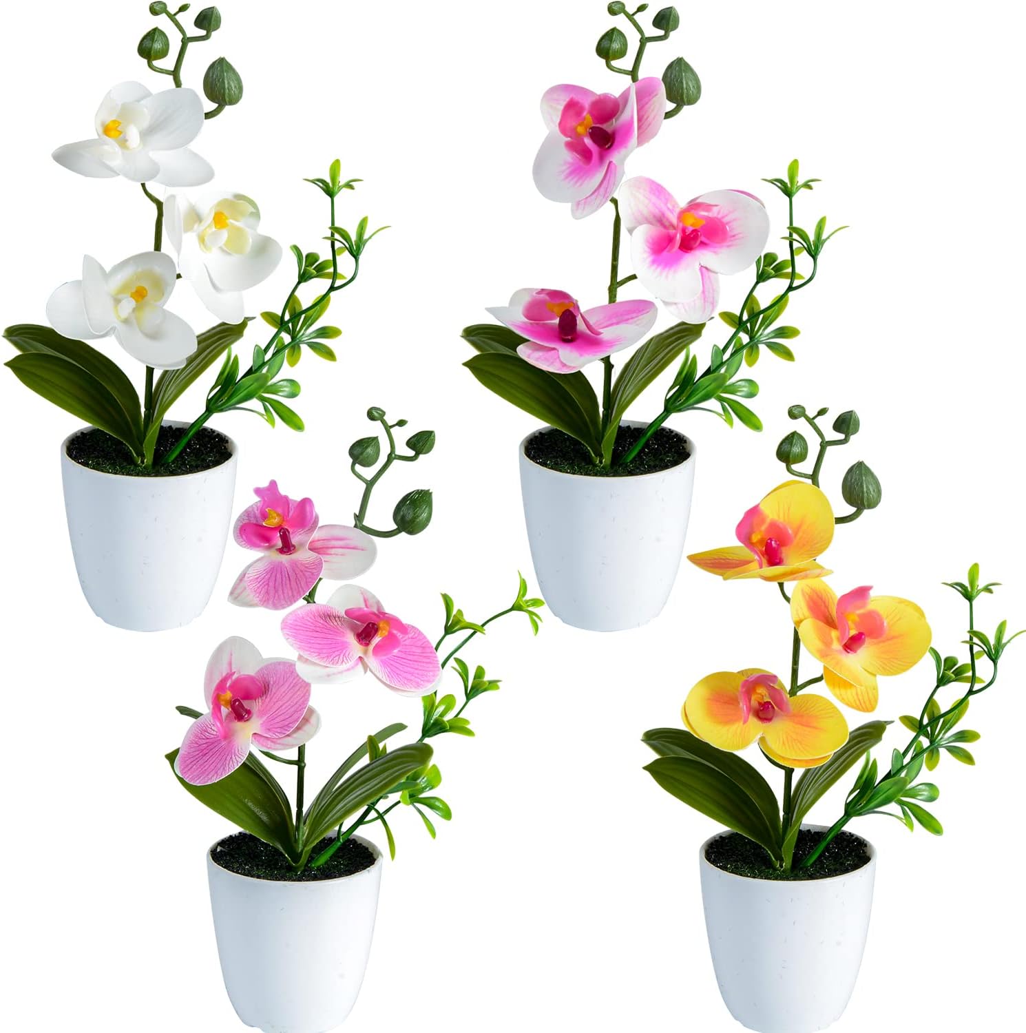 XONOR 4Pcs Artificial Orchid Flowers Mini Potted Orchid Flowers Fake Orchids with Plastic Vase for Home Office Wedding Table Centerpiece Decoration(White,Yellow,Pink,Light Pink)