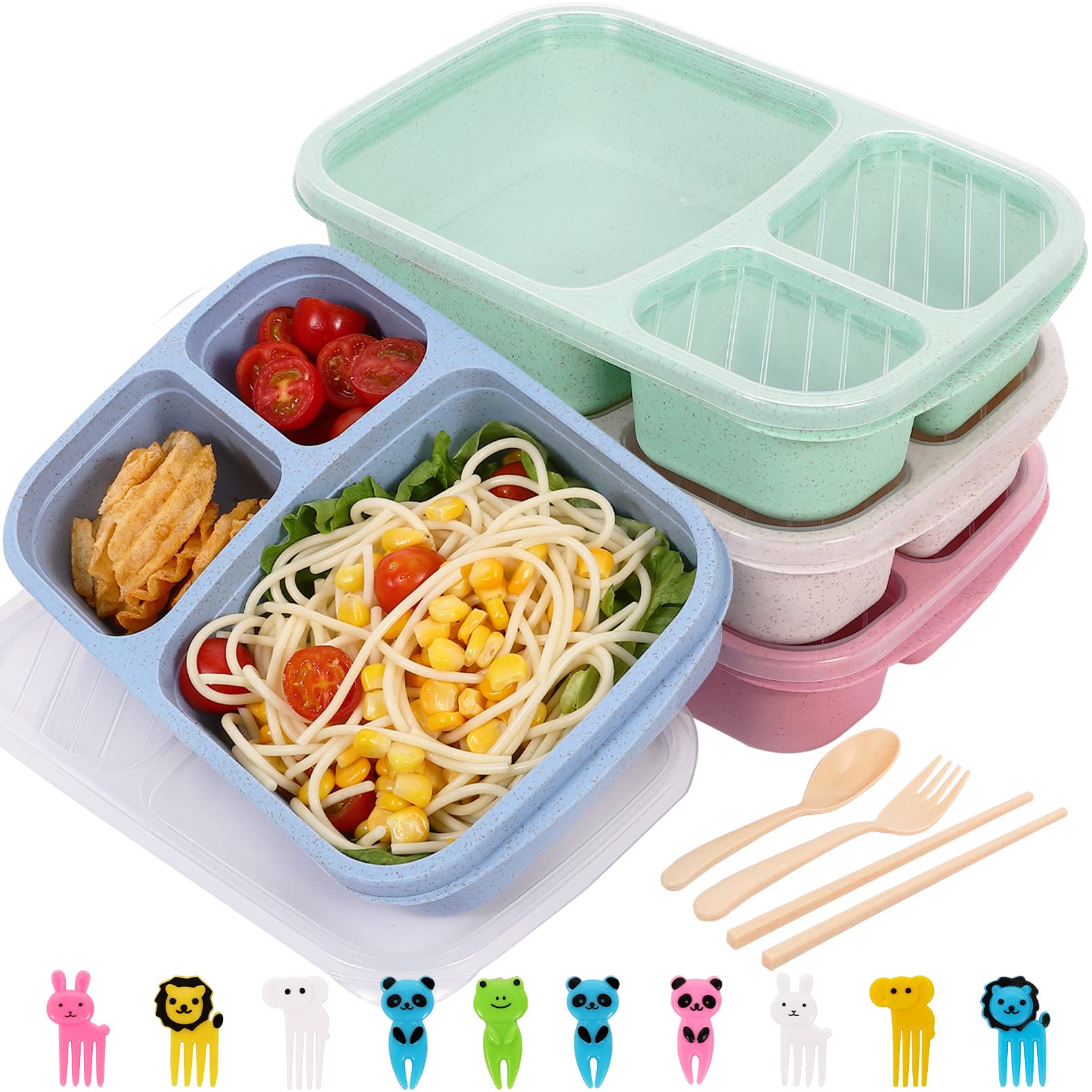 BHUIJNY 4Pack Bento Lunch Box,3 Compartments Meal Prep Containers,Divided Lunch Containers,Reusable Wheat Straw Food Storage Containers for Work Travel,BPA Free,Microwave Dishwasher Freezer Safe