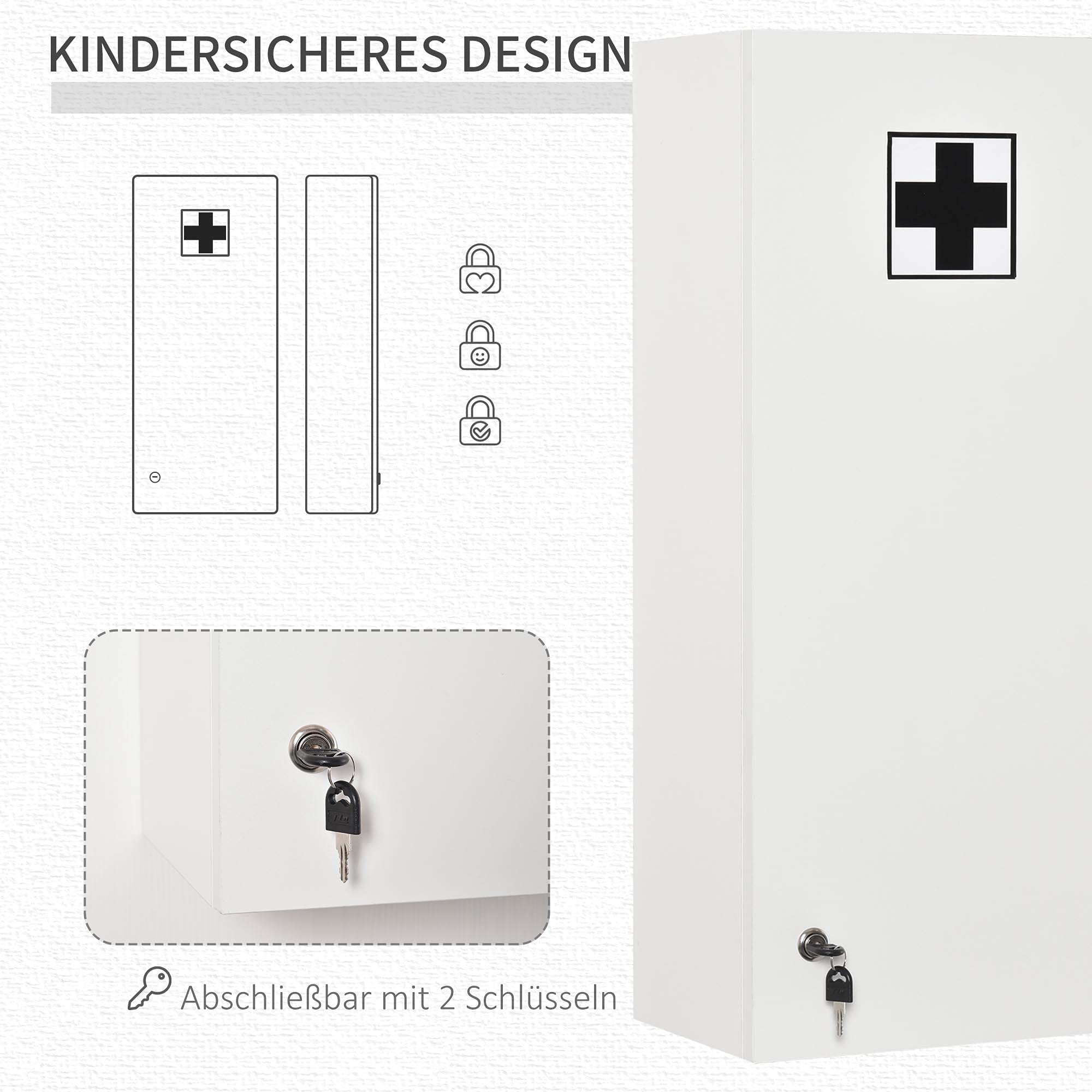 kleankin Medizinschrank Arzneischrank Wandschrank Hängeschrank mit Verstellbarer Ablage Erste-Hilfe-Kreuz abschließbar für Badezimmer Küche Flur Weiß 30x20x70 cm