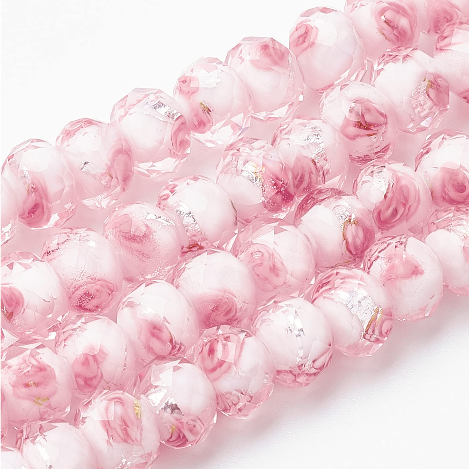 PH PandaHall 45pcs 11~12mm Pink Rose Lampwork Glass Beads Silver Foil Glass Flower Beads Floral Handmade Lampwork Bead with 1.6~2mm Hole Round Loose Bead for Rosary Making Jewelry Craft Making