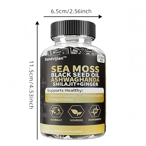 Miniatura 8 de Complejo de musgo marino con aceite de semilla negra, Ashwaghanda, Shilajit y jengibre, 60 gomitas, 17590 mg, apoyo inmunológico y energético