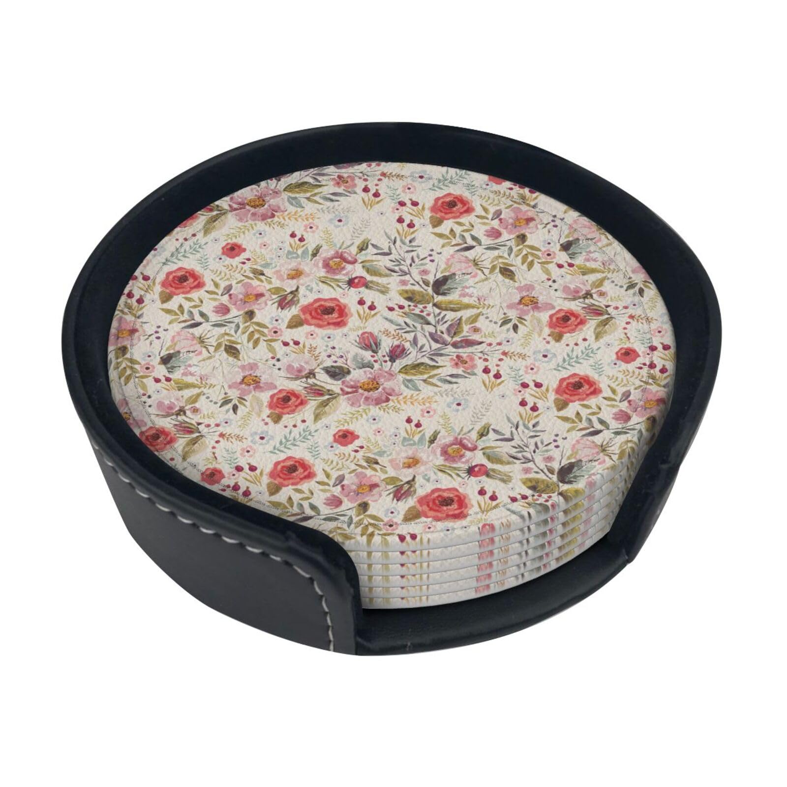 Flower Leaf Print Round Coasters Set Of 6,Coaster For Tabletop Protection Home Bar Decor