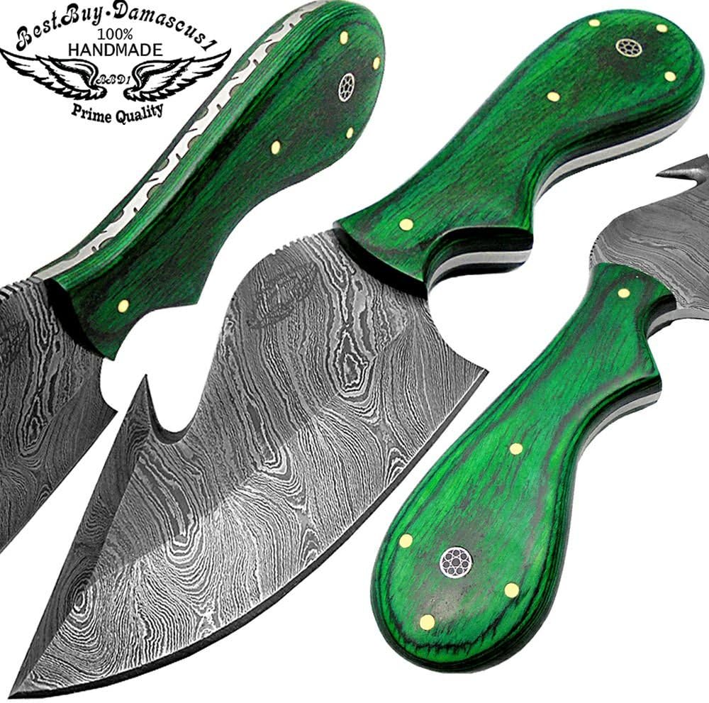 Best.Buy.Damascus1 Green Wood 8" Guthuk Fixed Blade Beautiful Custom Handmade Damascus Steel Hunting Knife With Brass Pins Prime Quality Come With Leather Sheath