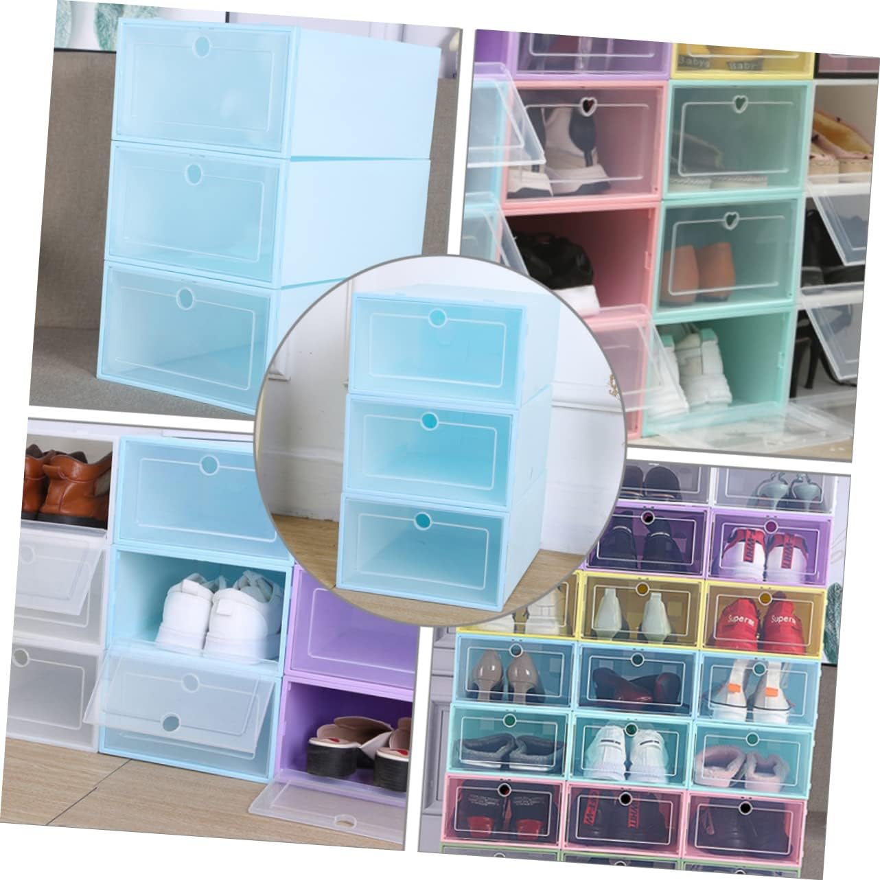 Zerodeko 6pcs Transparent Stackable Shoe Boxes Drawer Type Shoes Organizer Thickened Plastic Storage Container with Window for Closet Entryway and Cabinet Blue