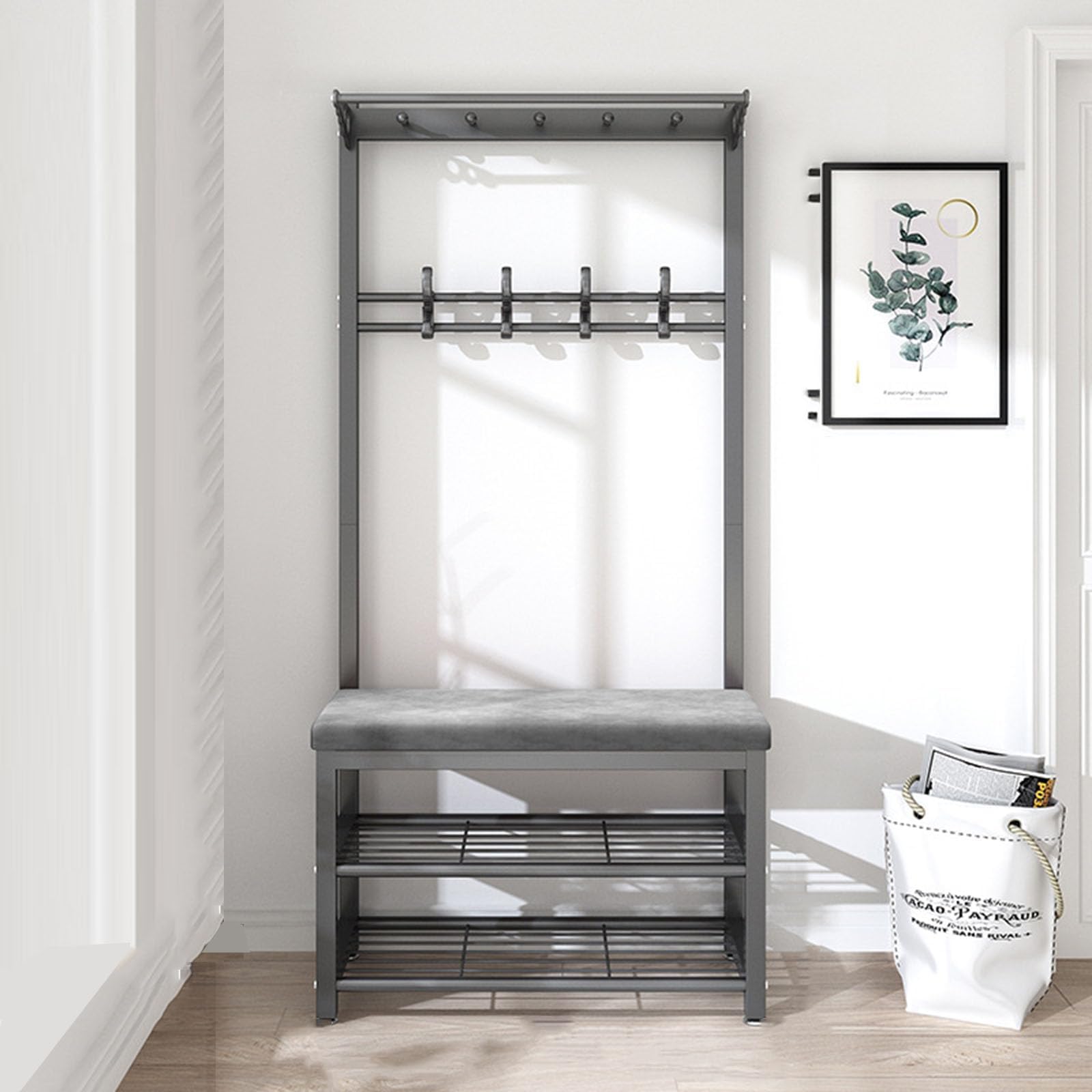 Industrial Hall Tree with Bench Coat Rack Freestanding Shoe Storage Shoe Shelf with Hooks for Small Apartment Entryway - Space-Saving nization Solution