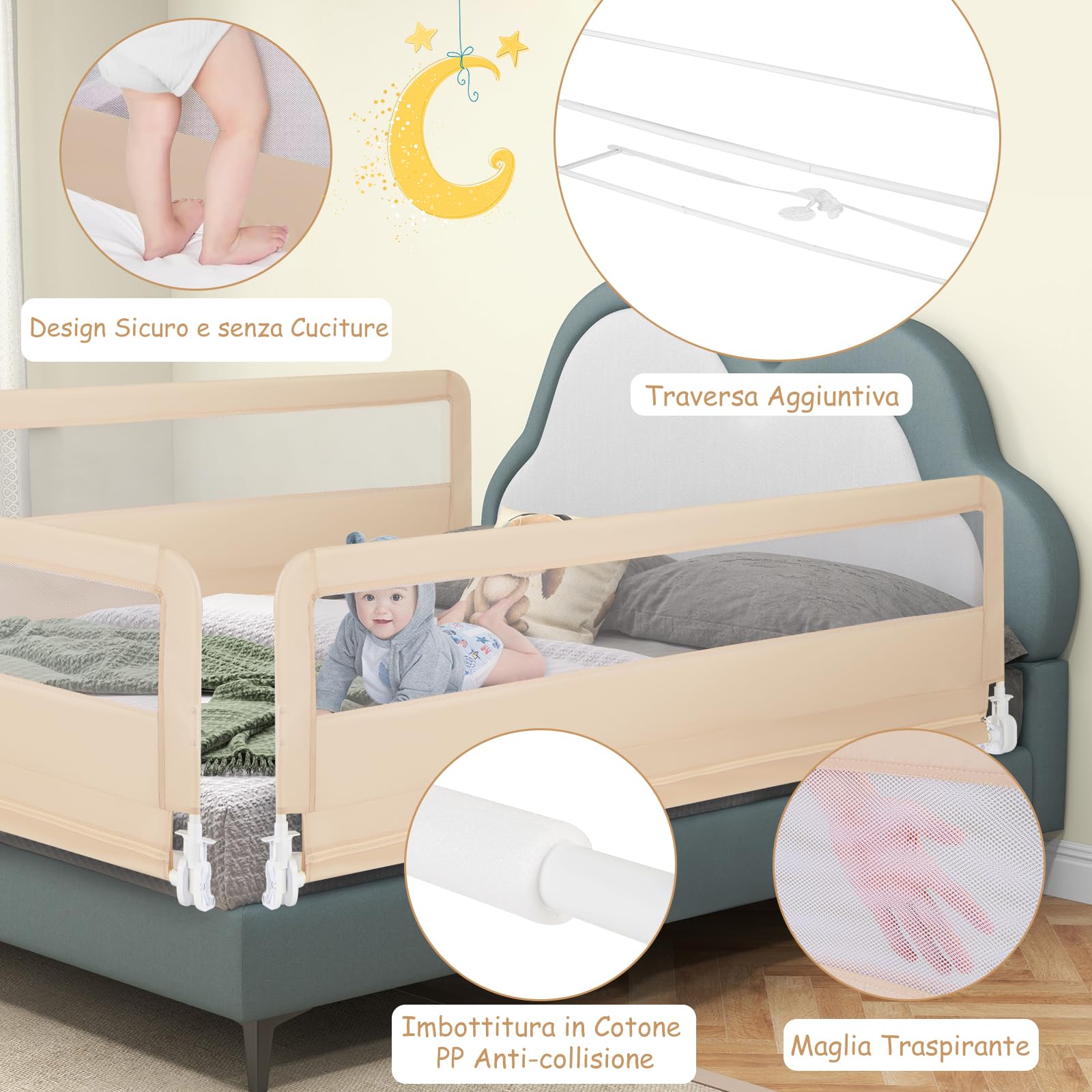 RELAX4LIFE Sponda Letto per Bambini 180cm/150cm, Barriera di Sicurezza, Traspirante e Pieghevole, Sbarra Letto per Letti Singoli e Matrimoniali (180 x 41 x 55 cm,Beige)