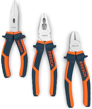 Presch Pliers Set 3 pcs. - Professional Heavy Duty Plier Set with Needle Nose Pliers, Side Cutter 160 mm and Combination Plier 180 mm Long
