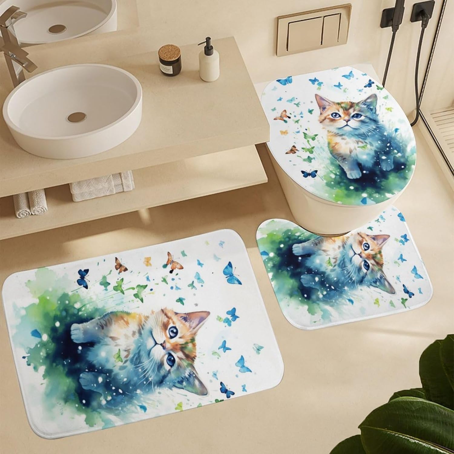 4PCS Kitten and Butterfly Shower Curtain Set Watercolor Beautiful Cute Cat Bathroom Decor Sets with Rugs Bathroom Accessories Set Bathroom Curtain Shower Set with 12 Hooks
