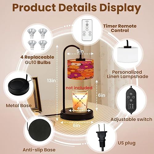 Miniatura 2 de Candle Warmer Lamp with Timer and Dimmer, Colorful floral seamless Groovy flowers hippie aesthetic Funny Wax Melt Warmer with 4 Bulbs, House Warming