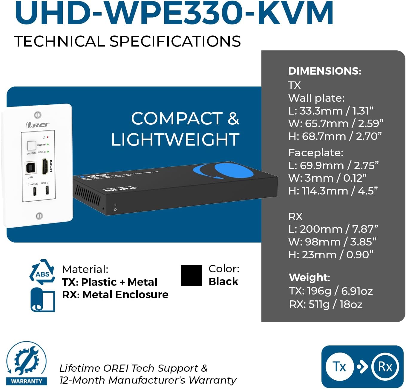 OREI 4K HDBaseT HDMI & USB-C KVM Extender Wall Plate – 330ft Over Cat6, 18Gbps, HDR10, USB 2.0, PoC, Dual Input