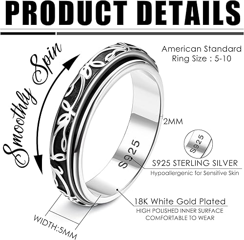 Miniatura 2 de MILACOLATO Anillo de plata de ley 925 para mujeres y hombres, chapado en platino, anillo de plata de ley para la ansiedad, anillo de cruz de flor,