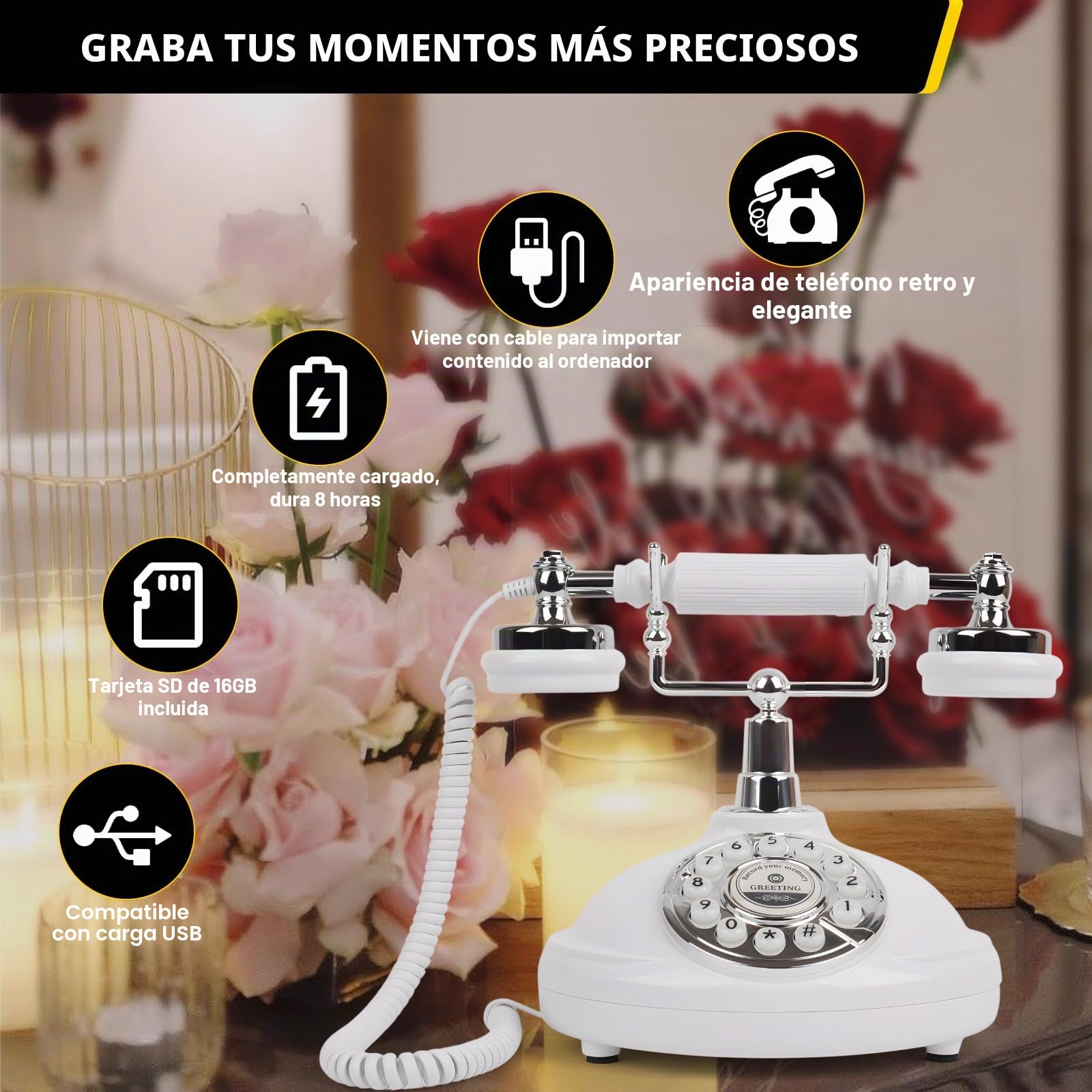 Teléfono libro de invitados de audio para boda, graba mensajes de audio personalizados con teléfono retro libro de invitados de audio para boda, fiesta de cumpleaños, confesión, color blanco