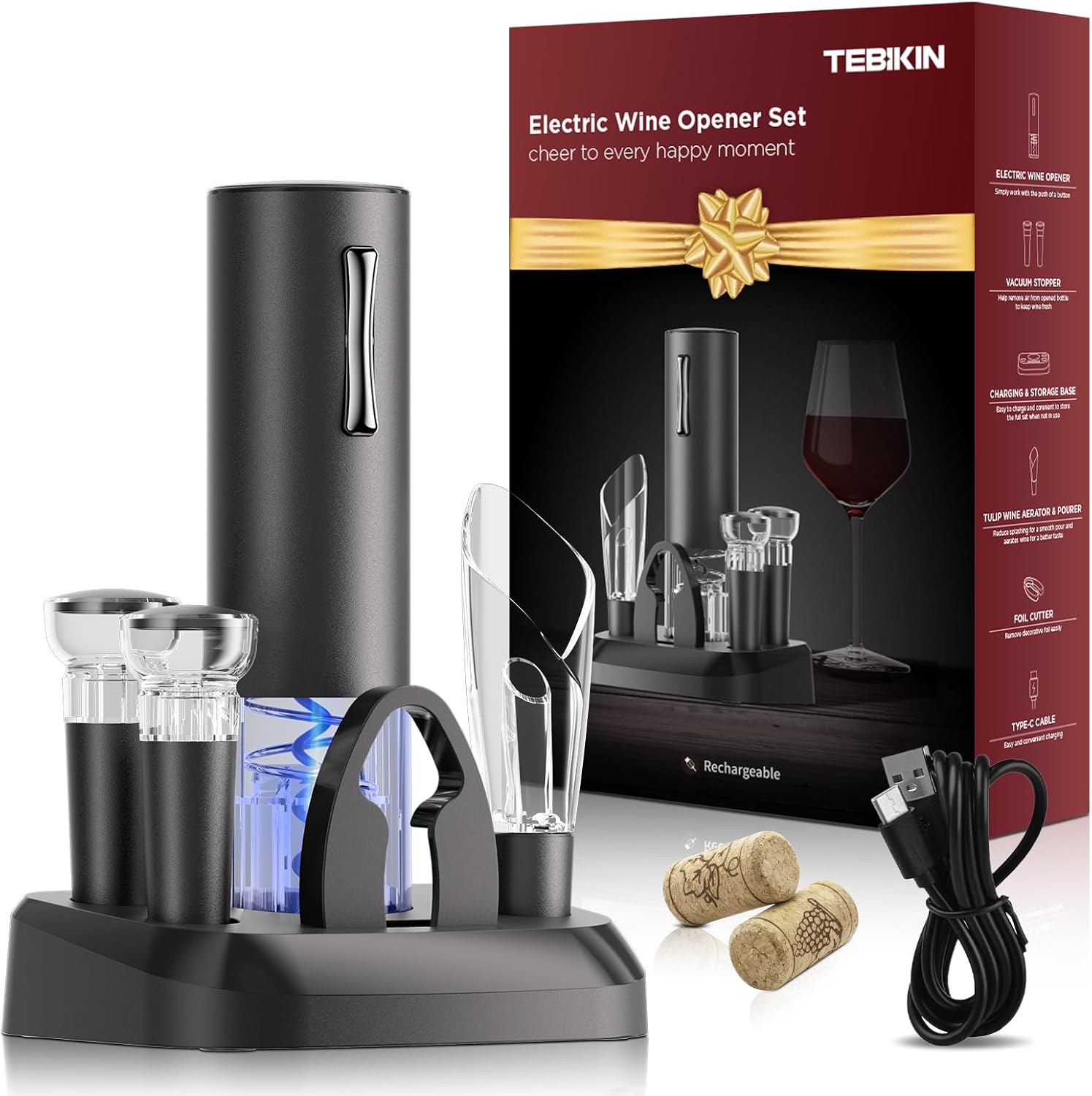 Electric Wine Opener with Charging Base LED Rechargeable Wine Bottle Opener Set Automatic Corkscrew Openers with Aerator Pourer Foil Cutter 2 Vacuum Preservation Stoppers Gift Box Design