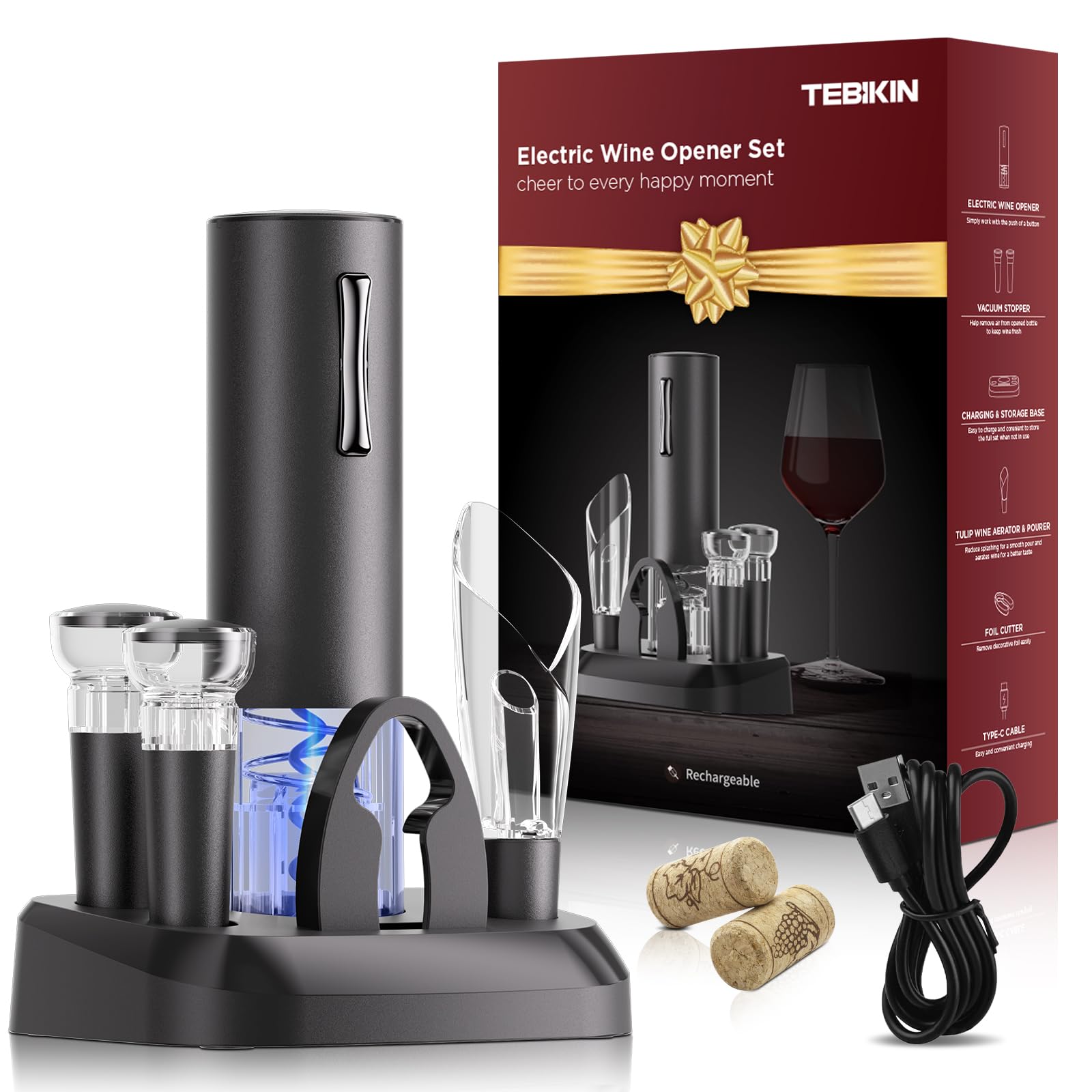 TEBIKIN Electric Wine Opener with Charging Base LED Rechargeable Wine Bottle Opener Set Automatic Corkscrew Openers with Aerator Pourer Foil Cutter 2 Vacuum Preservation Stoppers Gift Box Design