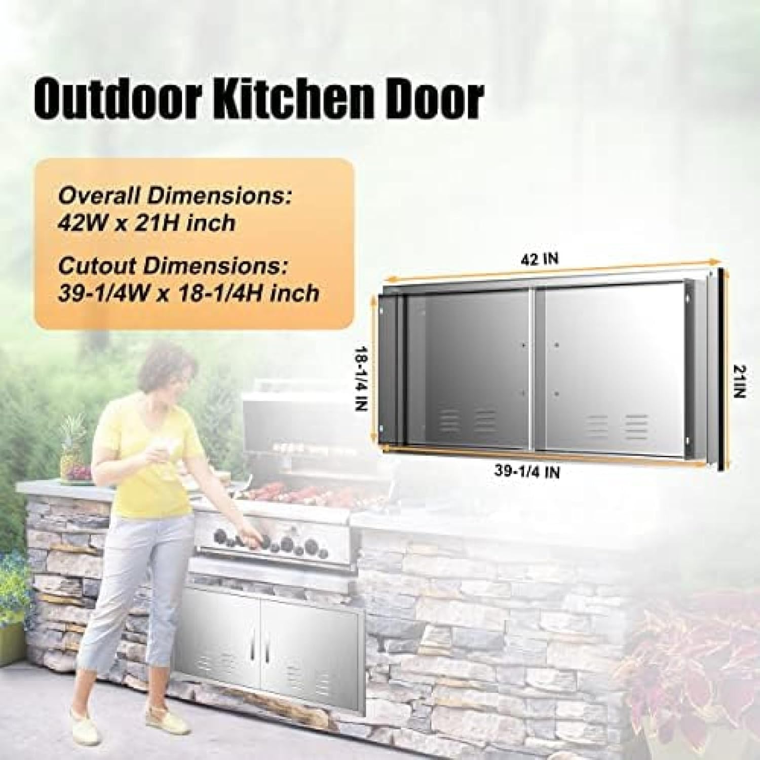 BBQ Access Door, Inch Grill Double Door, Brushed Stainless Steel Outdoor Kitchen Doors for BBQ Island Grilling Station,42''Wx 21''H Vents