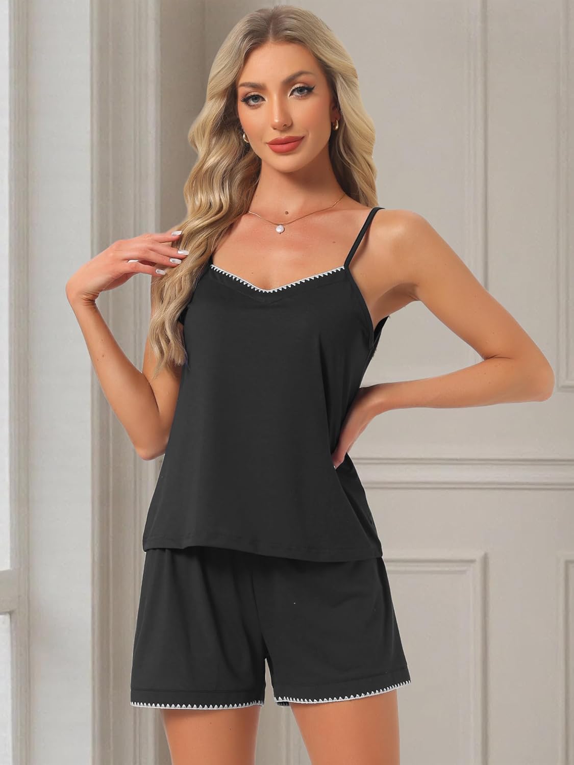 cheibear Womens Sleeveless Pajama Sets Jersey Knit V Neck Soft Casual Spaghetti Strap 2 Piece Cami with Shorts Set - Image 2