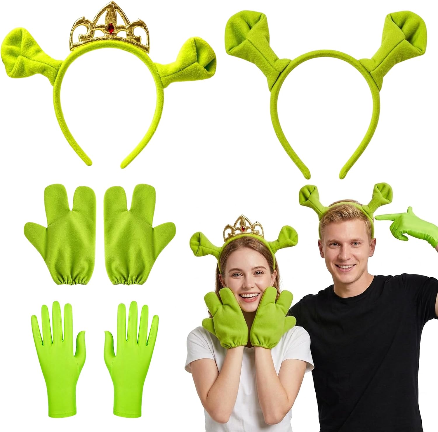 Green Ogre Ears Headband, 4PCS Halloween Headband with Gloves for Dress-up Cosplay, Green Monster Ears Set for Theme Parties, Stage Performances, Halloween, Theater Performances