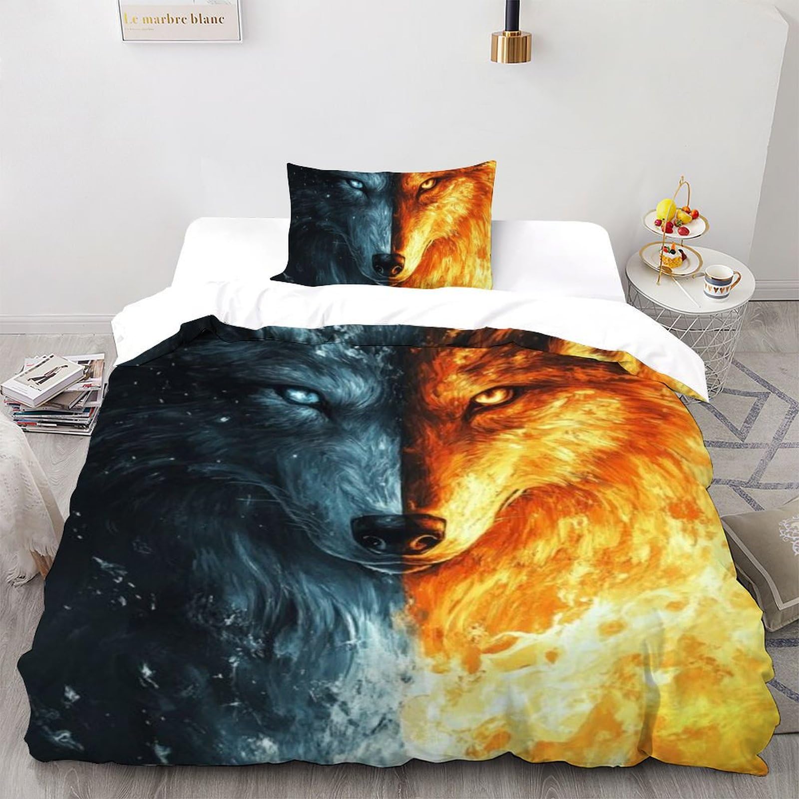 Housse de couette loup glace et feu 135x200 cm avec taie d'oreiller single pour lit enfant