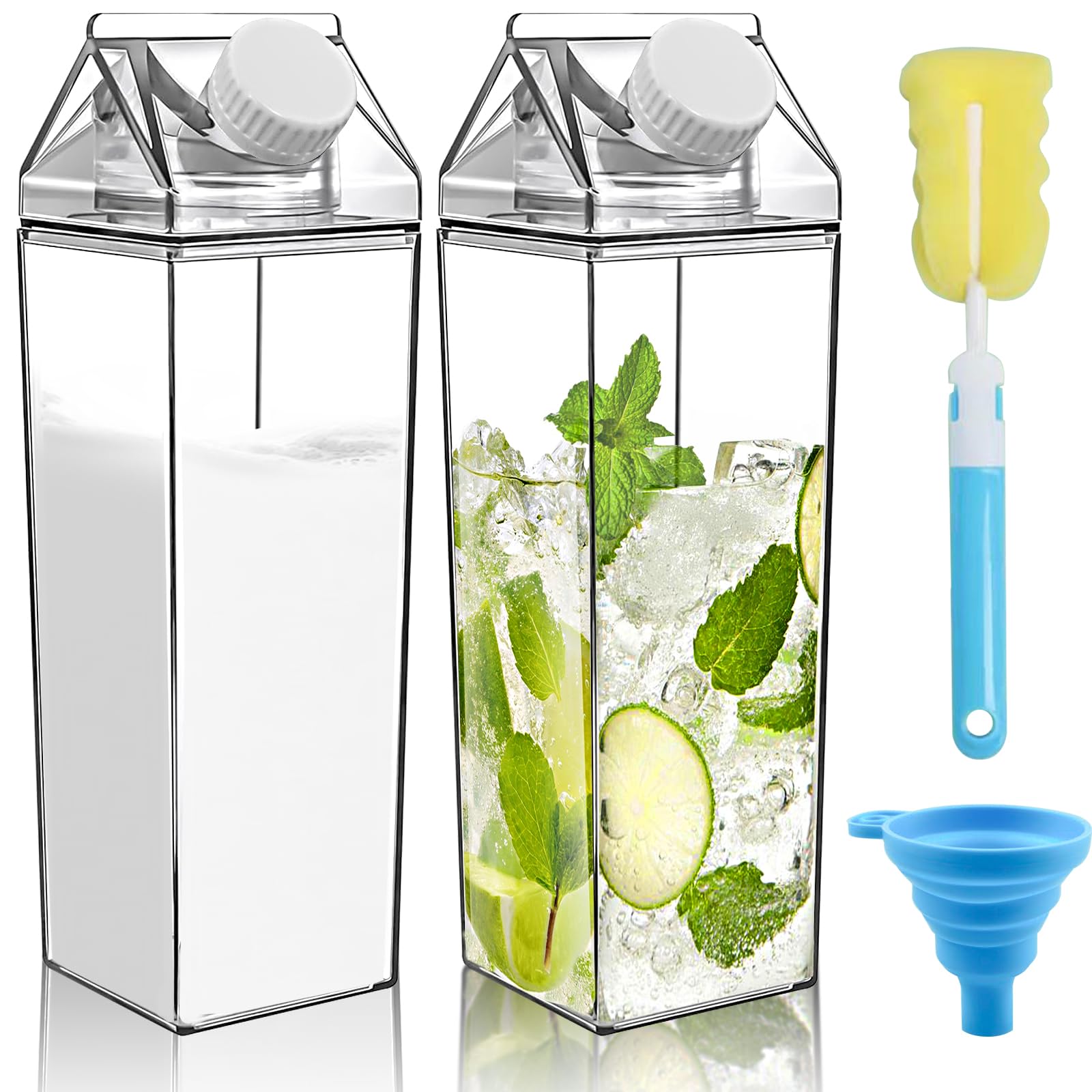 2Pcs Milk Carton Water Bottle, 1000ml Clear Juice Bottles, Transparent Square Milk Bottles, Reusable Milk Carton Container for Water Juice Tea Coffee, for Camping Panic Outdoor Sports Travel