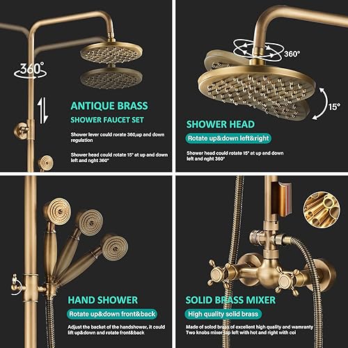 Miniatura 3 de NeierThodore Juego de sistema de grifo de ducha de baño de latón antiguo 8 pulgadas, cabezal de ducha de lluvia de mano, 2 perillas, mezcla