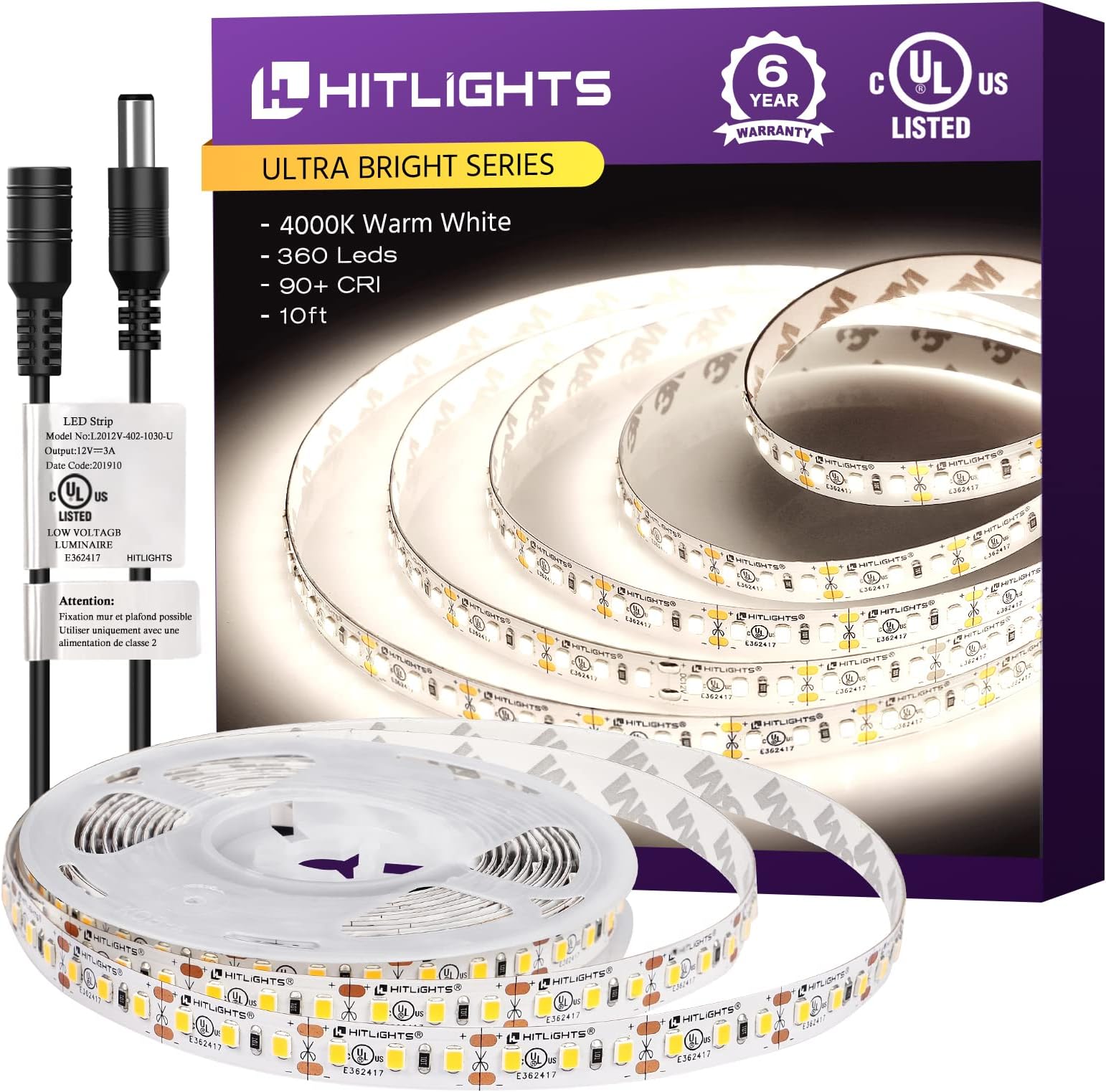 HitLights White LED Strip Lights 4000K, 10ft High Density 12V Tape Light, 360LEDs, 530 Lumens/ft, 4.6 Watt/ft, IP30, CRI 90+,Lighting for Cabinet, Mirror, Kitchen, UL-Listed(Power Source Not Included)