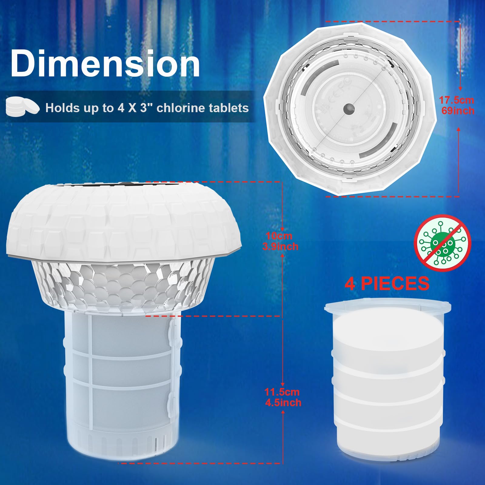 Distributeur de Chlore Flottant avec Lumière Solaire LED, Diffuseur Chlore Piscine avec Contrôle par Bouton Flotteur, Télécommande, Libération Réglable & Ouverture，Flotteur Piscine Chlore