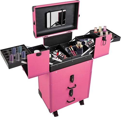 Miniatura 4 de LyeXD Estuche de tren de maquillaje rodante, organizador de cosméticos portátil con cerradura con 2 cajones y llaves, estuche grande de