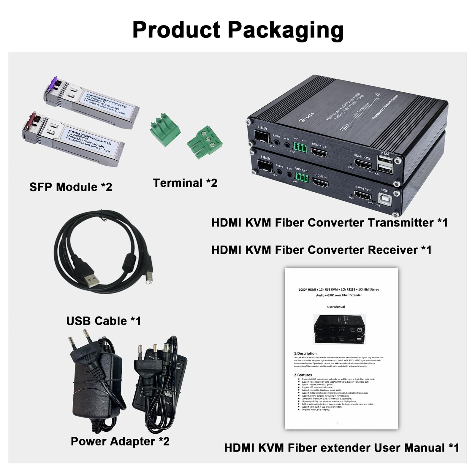 Extension de Fibre Optique HDMI, Audio Vidéo KVM sur Convertisseurs Fibre Optique Fibre Extender, 1920 * 1080P@60Hz, Support Clavier de Souris USB RS232 & GPIO, Jusqu'à 20km