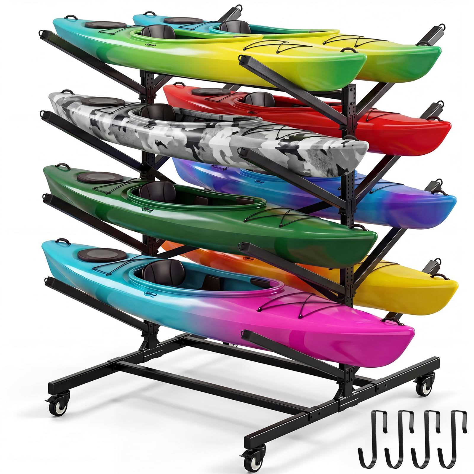 Photo 1 of Ultrawesome 4-Tier Double-Sided Kayak Storage Rack with Wheels, Heavy Duty Freestanding Canoe Stand for 8 Kayaks, 600lbs Capacity, Adjustable Arms, Indoor Outdoor Garage Shed Dock Use