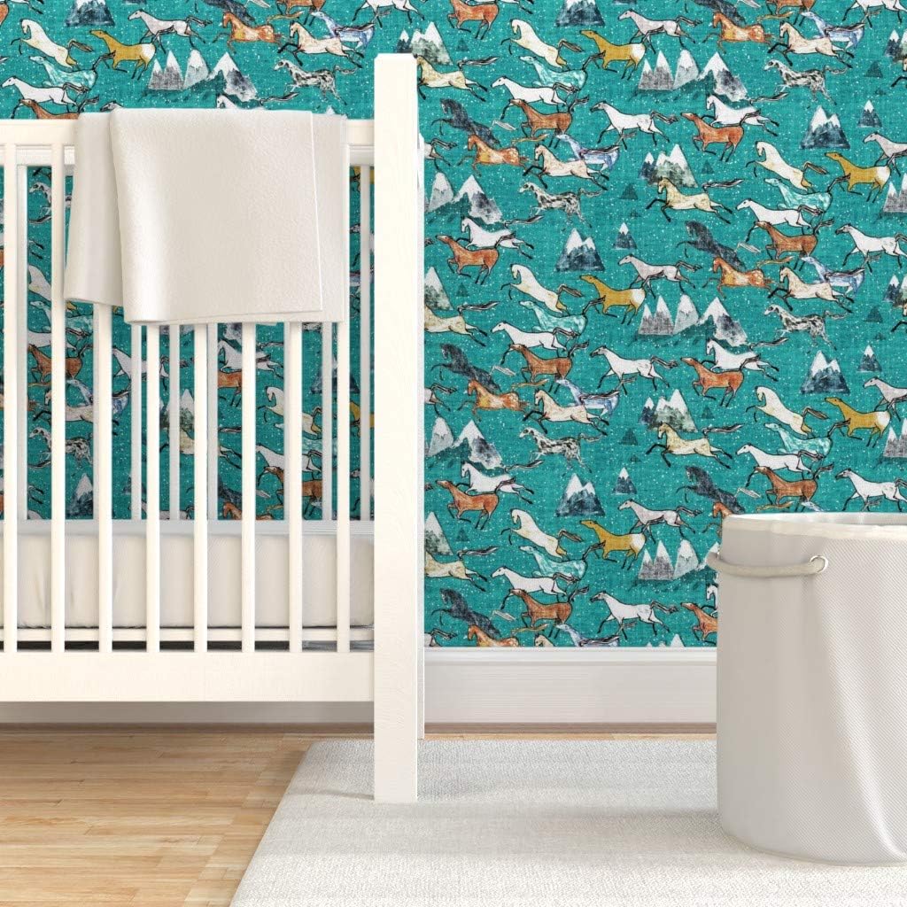 Spoonflower Peel & Stick Wallpaper 3ft x 2ft - Wild Horses Teal Horse Mountain Cowboy Western Southwestern Australia Custom Removable Wallpaper