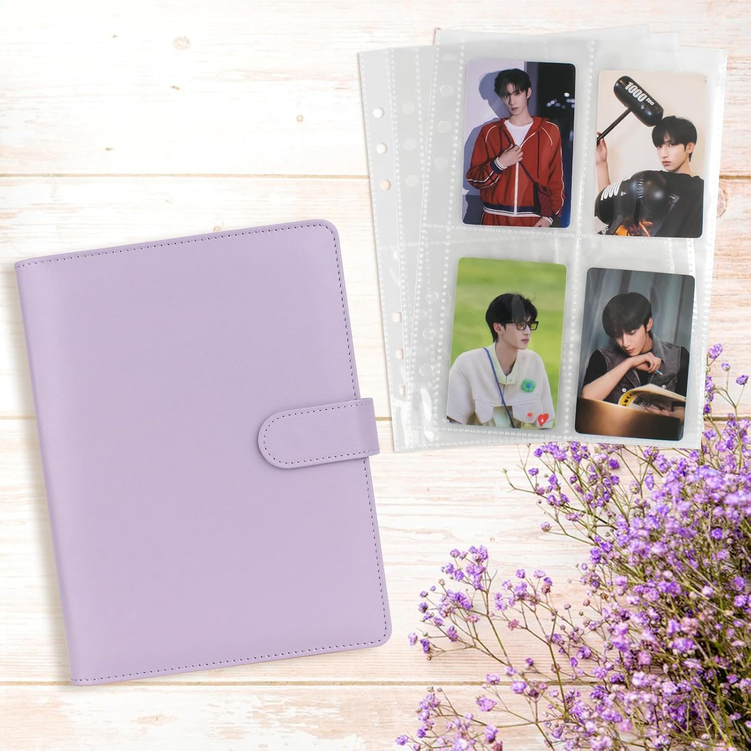 A5 Kpop Photocard Binder, 6 Ring Binder Album with 200 Card Slots, PU Leather Binder Cover with Magnetic Buckle Closure for Organizing Trading Cards (Purple) - Image 4