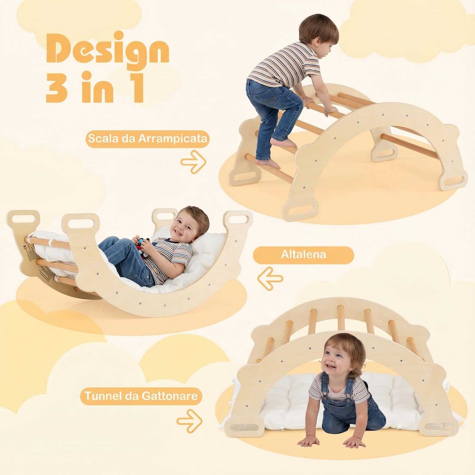 RELAX4LIFE 3 in 1 Arco da Arrampicata per Bambini con Cuscino Morbido, Triangolo da Arrampicata in Legno, Tunnel per Gattonare, Altalena da Interno per Bambini 1+ Anno, 81 x 50,5 x 38 cm (Naturale)