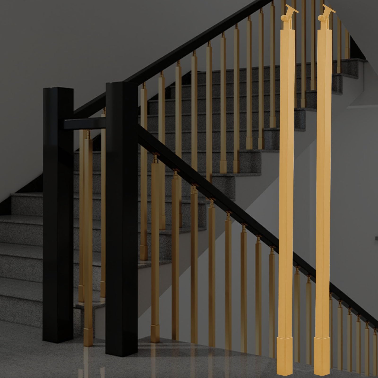 WLCGYD 30 36 42 48 51'' Metal Baluster Spindles, Interior Staircase Decks Banister Install Kit/Square Railing Post w/Bracket for Wooded Stairway Composite Steps(Gold 2 pcs,30in/76.2cm)