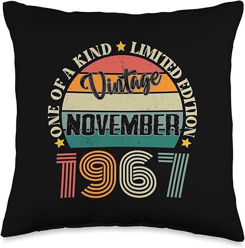 Vintage Birthday Retro Limited Edition Retro Gifts 57 años Vintage Noviembre 1967 57th Birthday Retro Throw Pillow, 16 x 16, multicolor