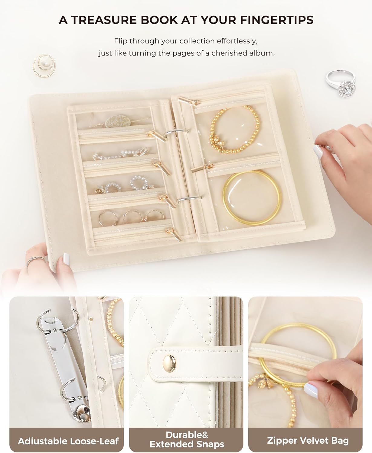 HOMEHIVE Anti-Tarnish Jewelry Organizer Book for Travel - Jewelry Storage Binder with Tangle-Free Divided Compartments & Easy-Find Clear Pouches, Mothers Day Gifts for Women, Cream