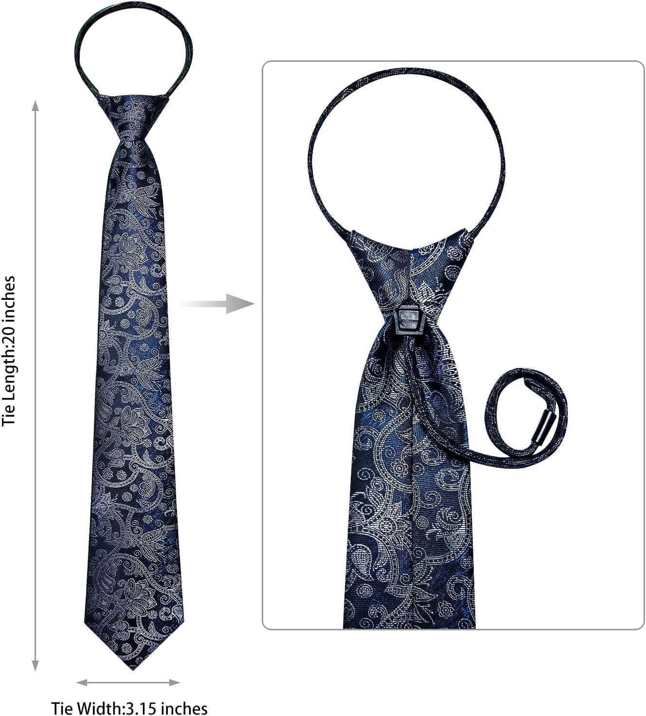 DiBanGu Mens Adjustable Zipper Ties, Woven Paisley Striped Plaid Necktie and Pocket Square Cufflinks Set Pre-tied Wedding Tie - Image 5