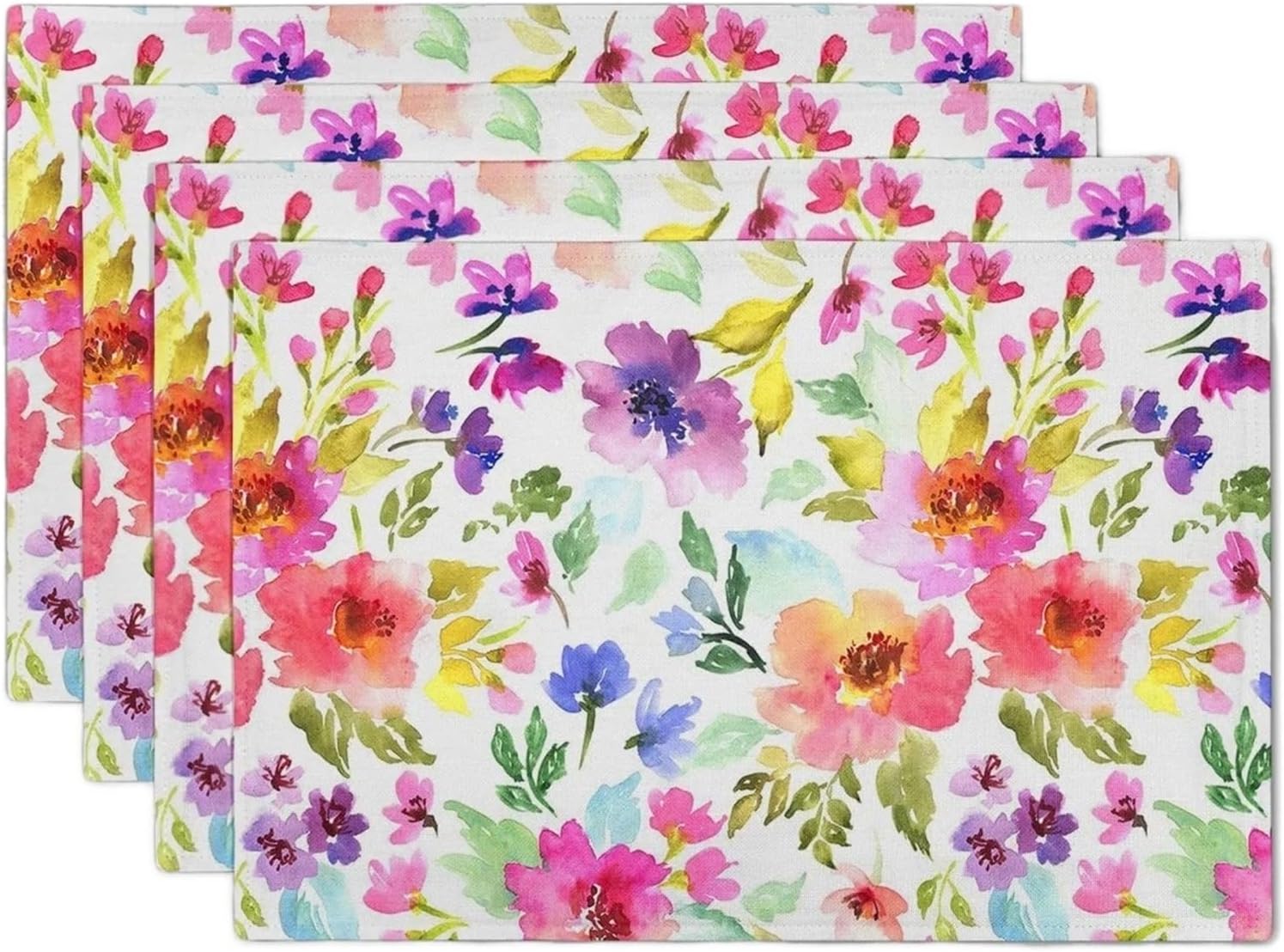 Summer Placemats Set of 4 Washable Non-Slip Heat 12×18 Inch Floral Watercolor Multicolor Linen Fabric Table Place Mat