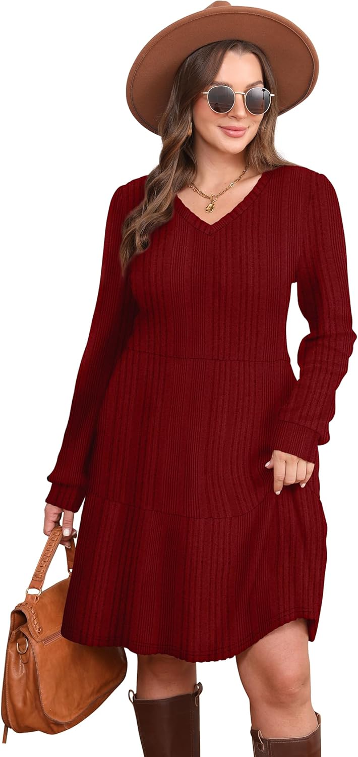 SAMPEEL Womens V Neck Long Sleeve Fall Dresses Baby Doll Casual Sweater Dress Fashion Clothes - Image 5