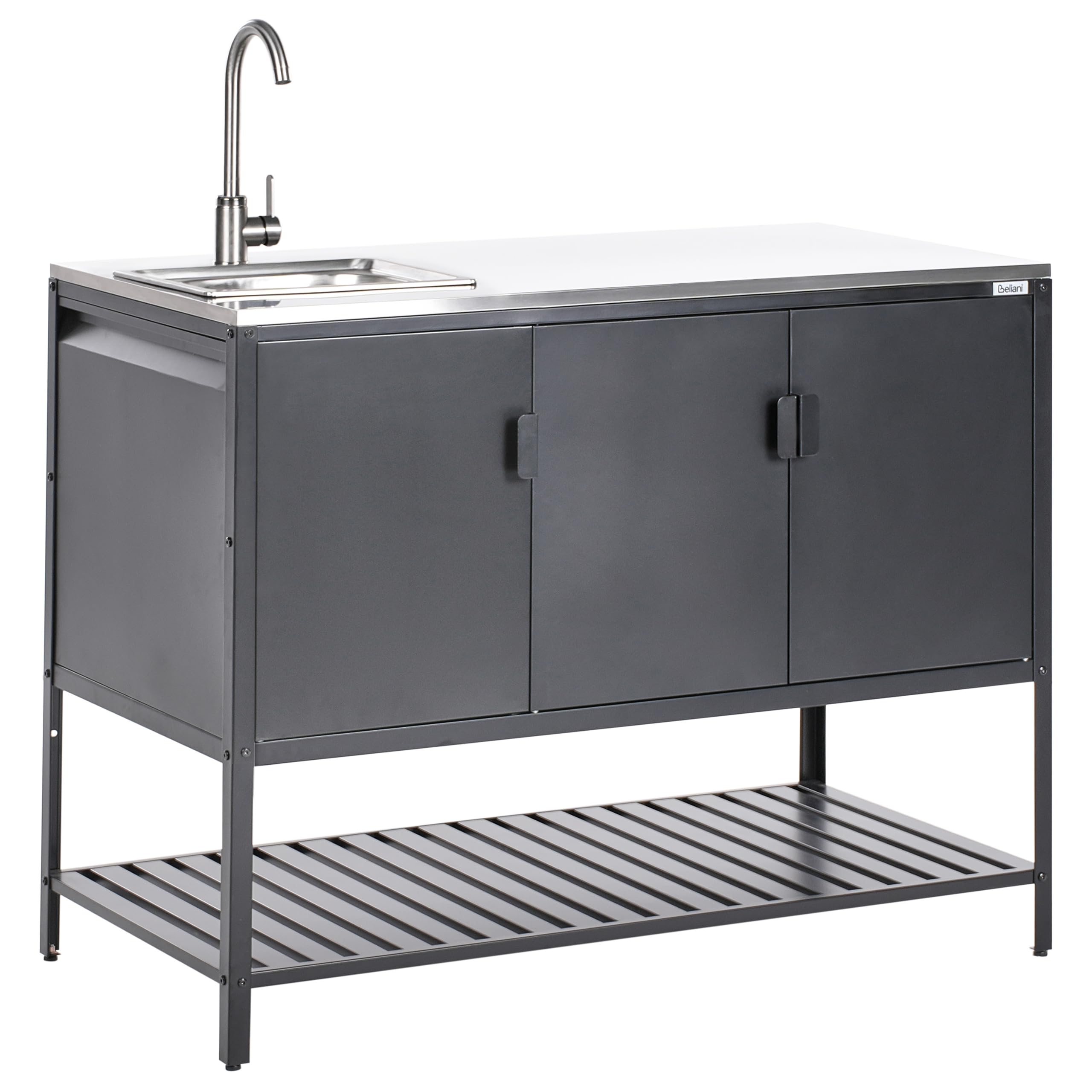 Beliani Conjunto de 2 armarios de Cocina Exterior de Acero 3 Puertas encimera de Acero Inoxidable jardín Negro con Fregadero Maenza