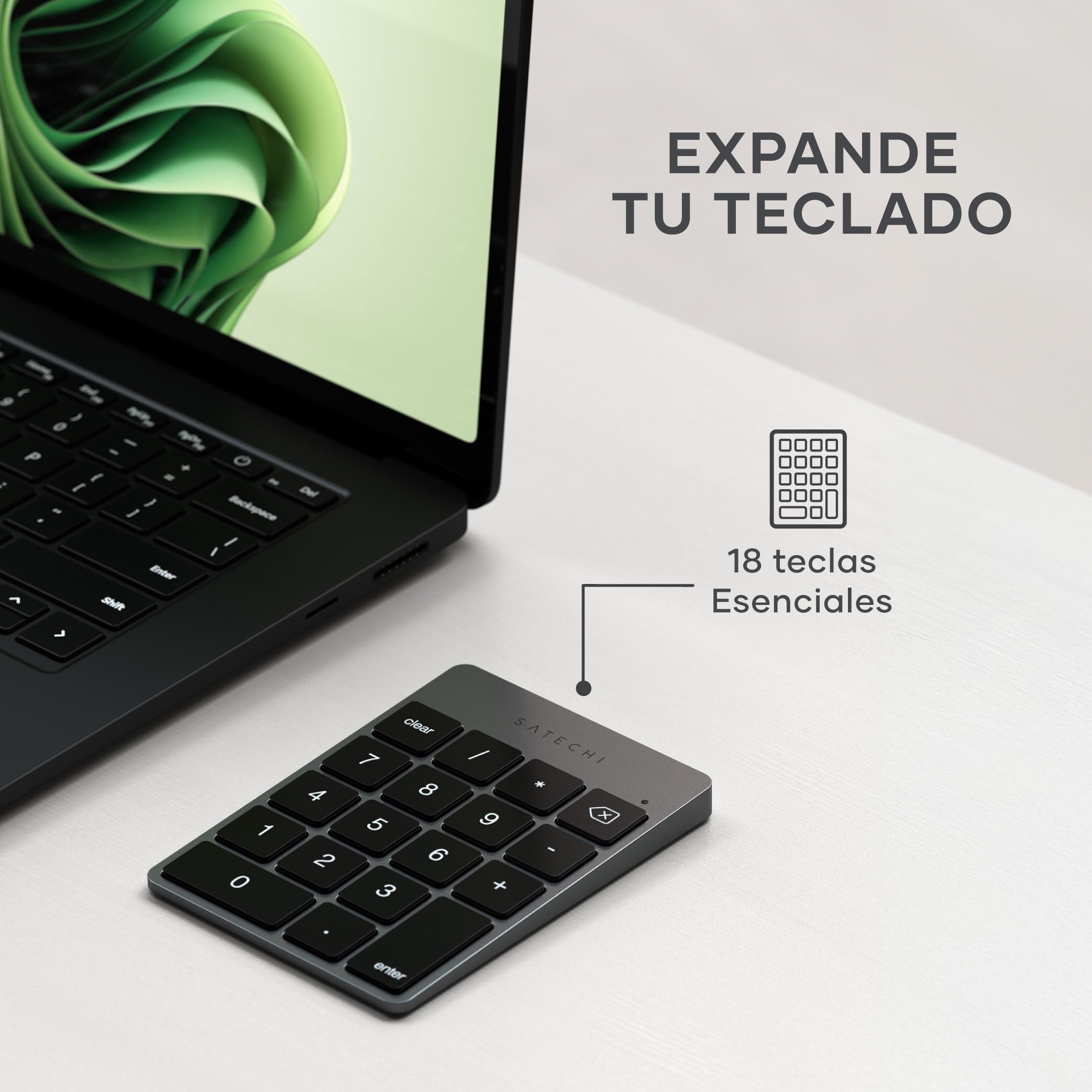SATECHI Teclado Numérico Inalámbrico Slim de Aluminio con 18 Teclas, Bluetooth, Recargable USB-C para MacBook, Portátil, PC, iPad (Gris Espacial, 𝗟𝗮𝘆𝗼𝘂𝘁 𝗨𝗦)