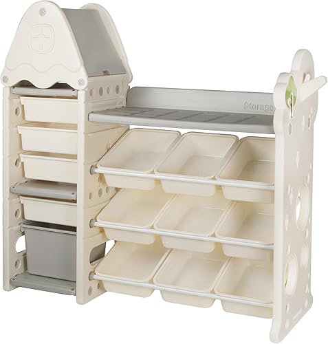Organizador de almacenamiento de juguetes para niños de 4 niveles con 14 cubos de juguetes extraíbles, compacto, estilo bohemio, organizador de