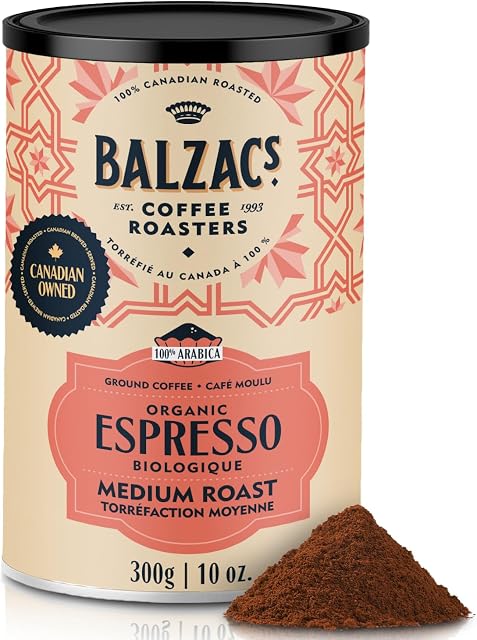 Balzac’s Coffee Roasters - Espresso Blend | Fairtrade Organic | Ground (Fine Grind) 100% Arabica Whole Bean Coffee | Filter Drip | Medium Roast | Velvety & Smooth | 300 G / 10 OZ.