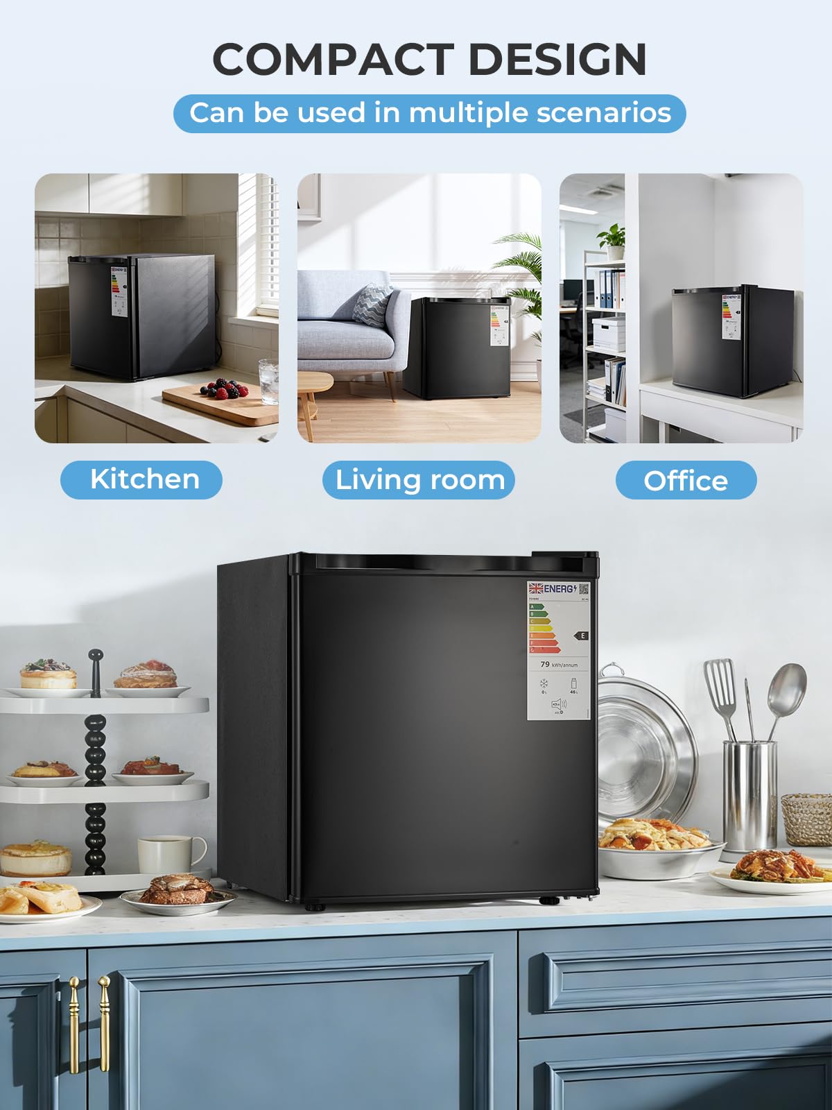 FOHERE Mini Frigorífico 46L, Nevera Pequeña, 7 Niveles de Enfriamiento, Eficiente y Ahorro de Energía, Ultra Silenciosa, Puerta Reversible y Patas Ajustables, para Hotel, Oficina, Dormitorio, Negro