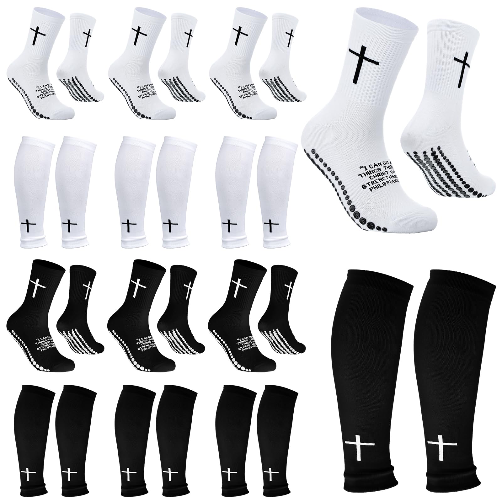 12 Pairs Cross Grip Soccer Socks Soccer Shin Guard Sleeves Non Slip Christian Socks with Bible Verse for Men Women