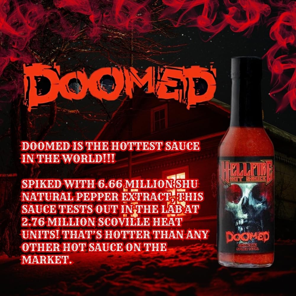 Hellfire Doomed Hot Sauce, Hottest Sauce in the World, Spiked with 6.66 Million SHU Natural Pepper Extract, Lab tested at 2.79 Million SHUs for an EXTREME HEAT Experience, 5 oz.