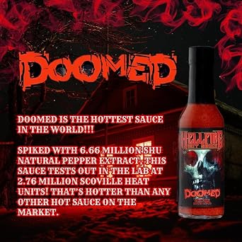 Hellfire Doomed Hot Sauce, Hottest Sauce in the World, Spiked with 6.66 Million SHU Natural Pepper Extract, Lab tested at 2.79 Million SHUs for an EXTREME HEAT Experience, 5 oz.