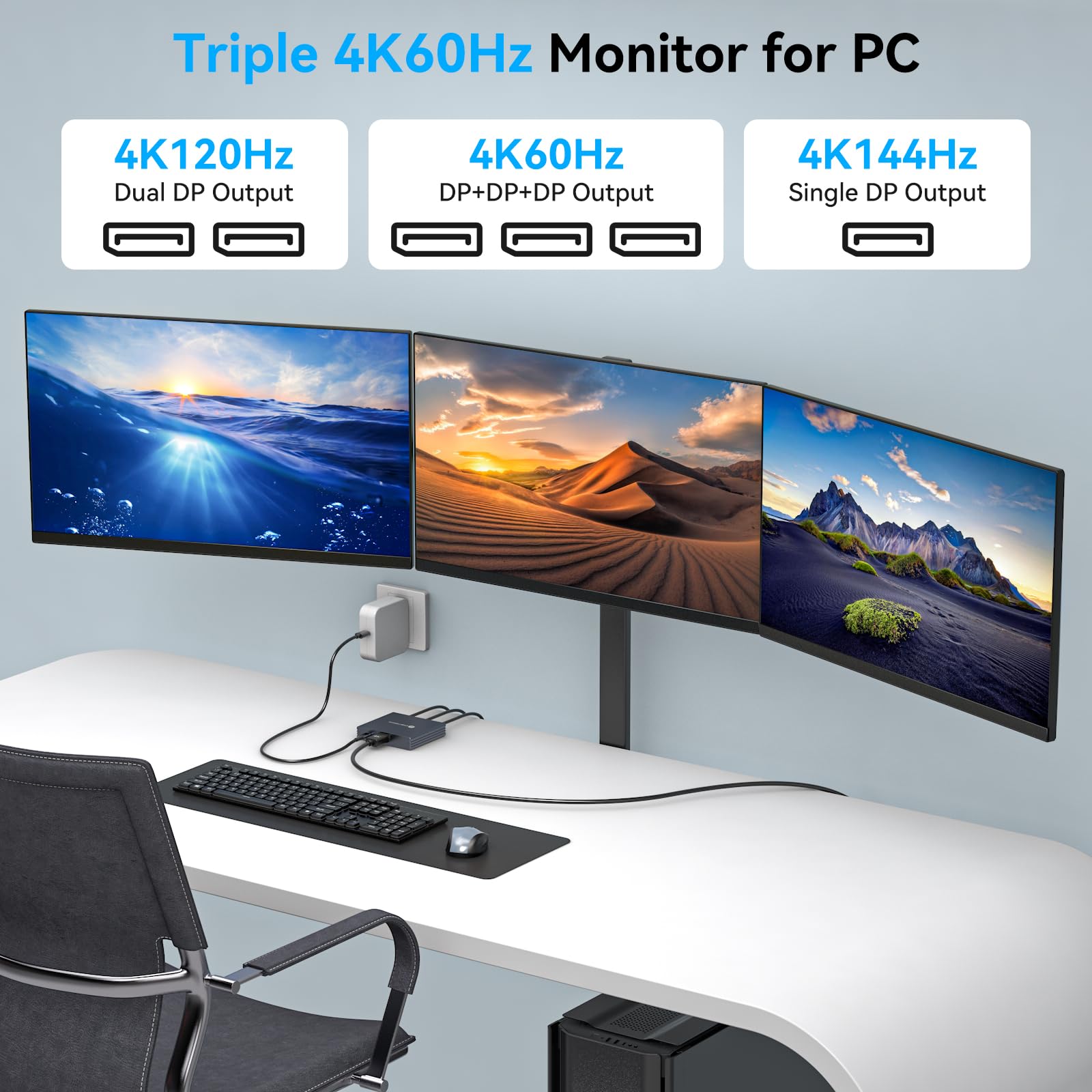 VEDINDUST Répartiteur DisplayPort 1 entrée 3 Sorties Convertisseur vidéo DisplayPort 1.4 DP vers DP 4K@60Hz supporte Les Modes MST et SST Affichage étendu MST pour Windows Uniquement
