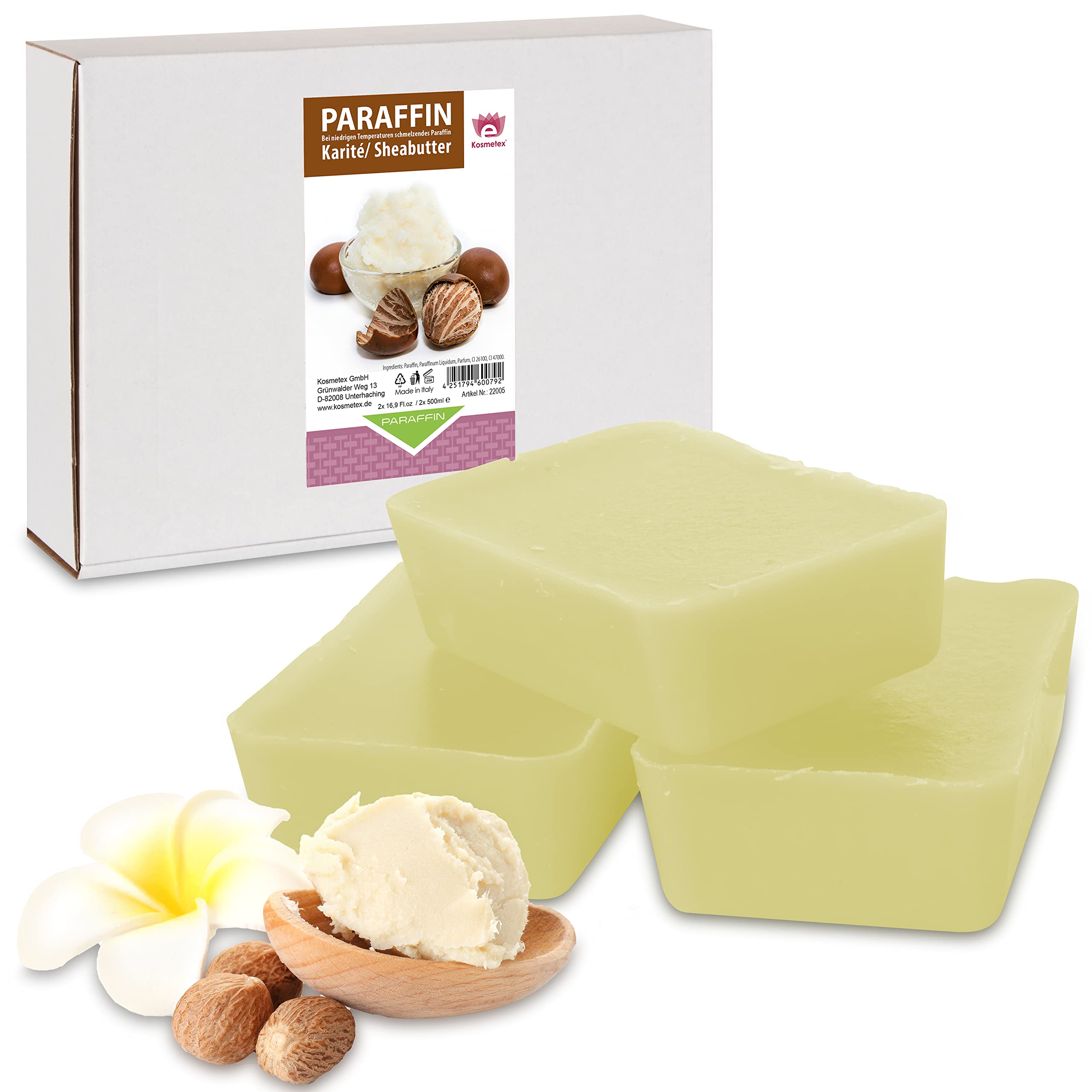 Kosmetex Wellness-Paraffinbad Karite Sheabutter – Paraffin-Entspannungsbad für Hände und Füße – Paraffinwachs – Paraffin-Block für Wachserwärmer (2x 500ml)