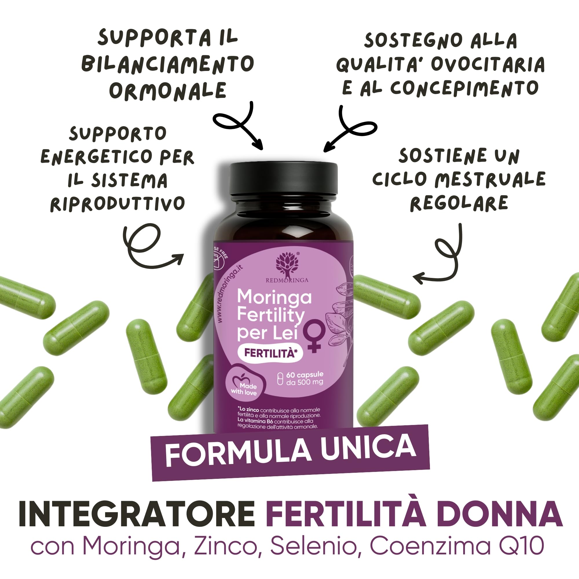 Integratore Acido Folico Mamme Resveratrolo, Moringa, Zinco, Vitamine B1, B5, B6, B12, E, D3, Acido Folico | Integratore Donna Vitamine PreMamma | Protegge DNA Mitocondriale | 180 Capsule - RedMoringa