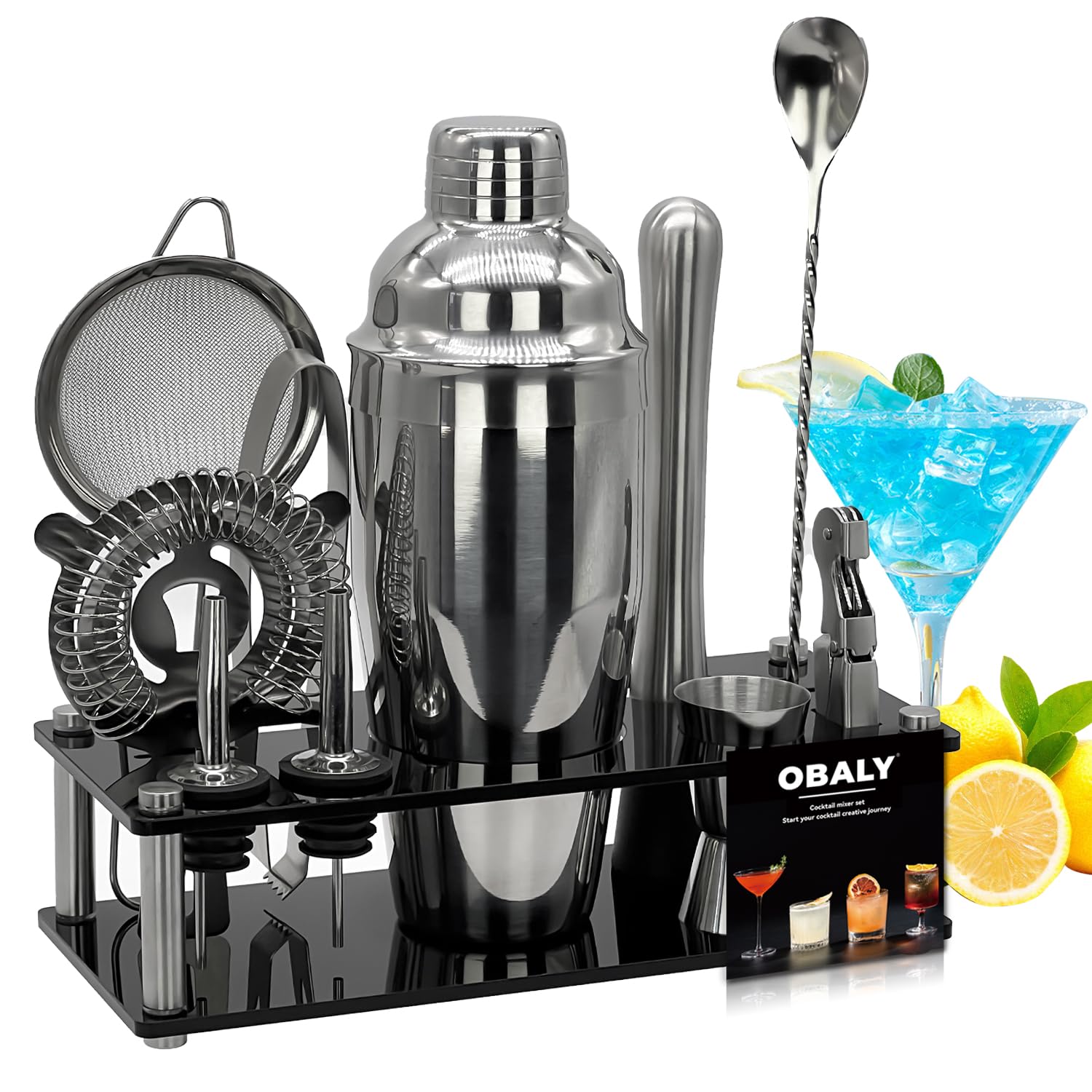 OBALY Cocktail Shaker Set 11 piece Stainless Steel cocktail kit with Acrylic stand 25-ounce Boston shaker Cocktail Recipes Booklet ㄛPerfect for home/bars/parties